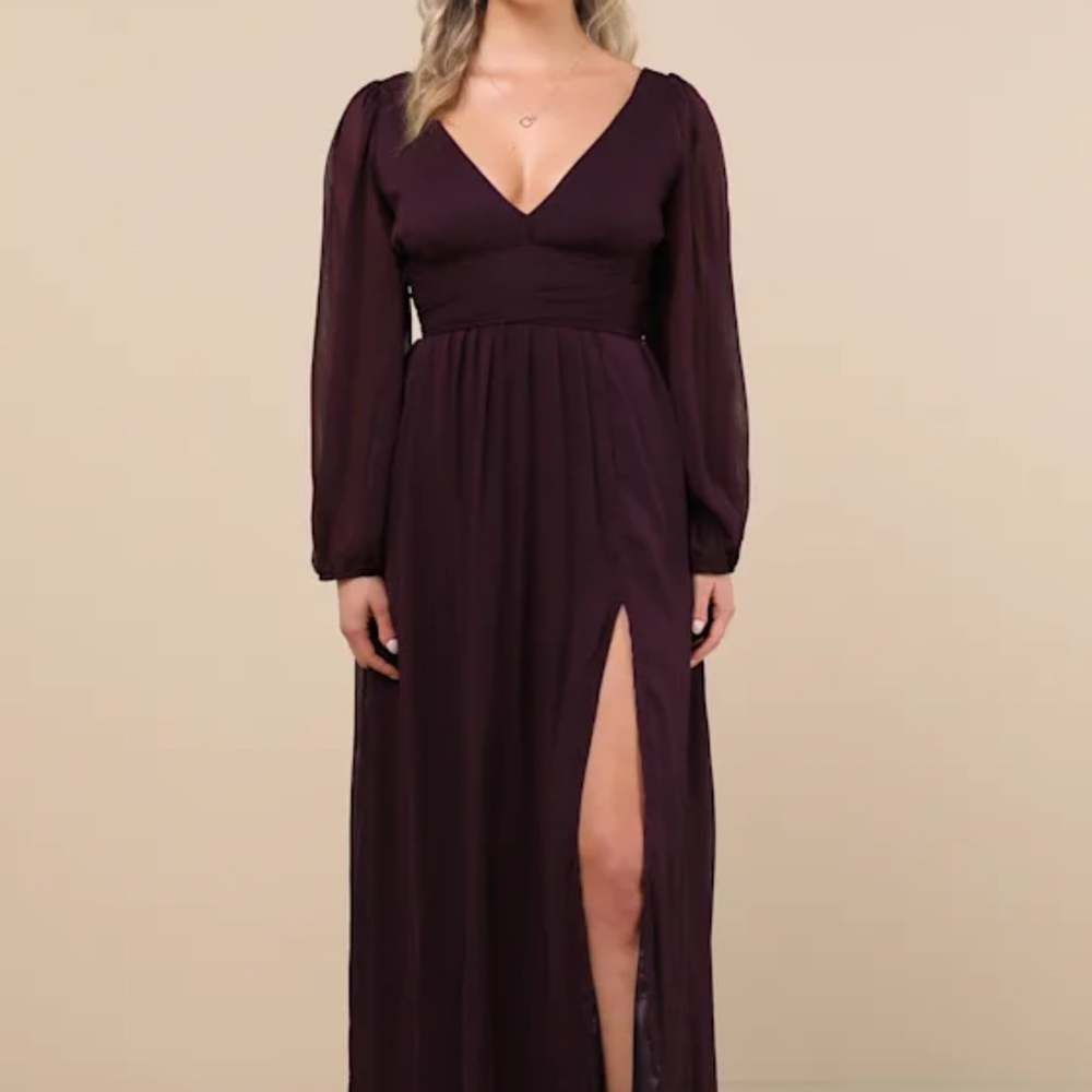 Enchant My Love Dark Purple Plum V-Neck Long Sleeve Maxi Dress